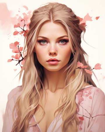 a painting of a beautiful blonde woman with flowers on her headの素材