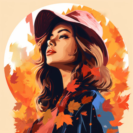 a painting of a woman in a hat with autumn leavesの素材