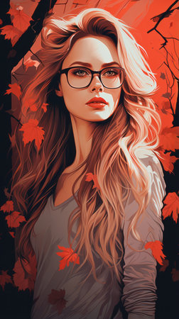 a painting of a woman with glasses and red leavesの素材