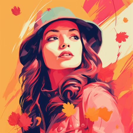 a painting of a woman in a hat with autumn leavesの素材