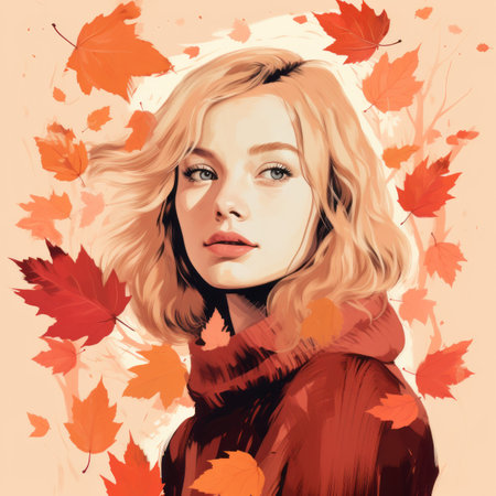 a painting of a woman with autumn leaves falling on her faceの素材