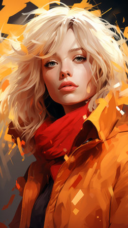 a painting of a blonde woman in an orange jacketの素材