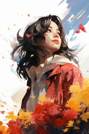 a painting of a woman with long hair and a red jacketの素材