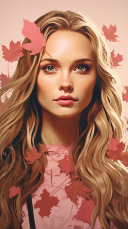a painting of a woman with long hair and leaves falling on her faceの素材
