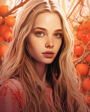a painting of a woman with long hair and oranges in the backgroundの素材