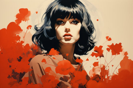 a painting of a woman with black hair and red flowersの素材
