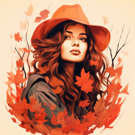 a painting of a woman in a hat with autumn leavesの素材