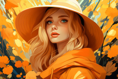 a painting of a woman in an orange coat and hatの素材