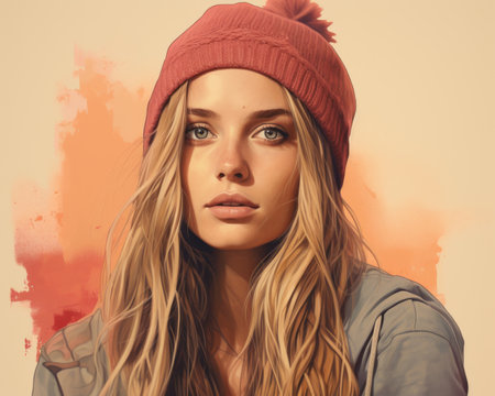 a painting of a woman with long hair and a beanieの素材