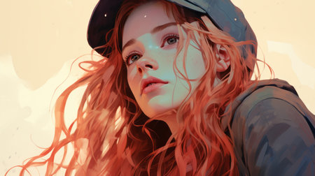 a painting of a girl with long red hairの素材