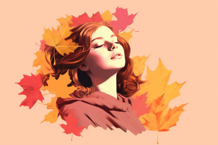 a painting of a woman with autumn leaves on her headの素材