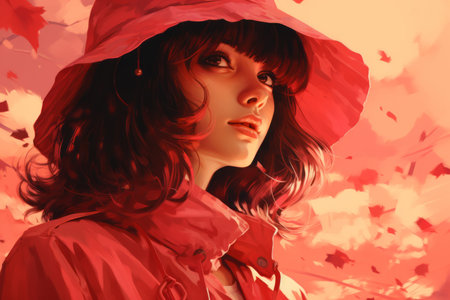a painting of a woman wearing a red hatの素材