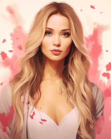 a painting of a woman with long hair and pink flowersの素材