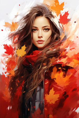 a painting of a woman with long hair and red leavesの素材