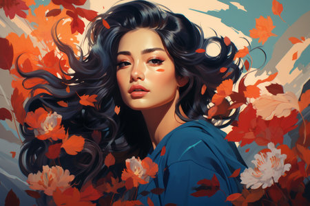 a painting of a woman with long hair and flowersの素材