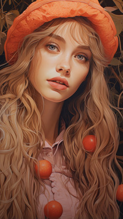 a painting of a woman with long hair and an orange hatの素材
