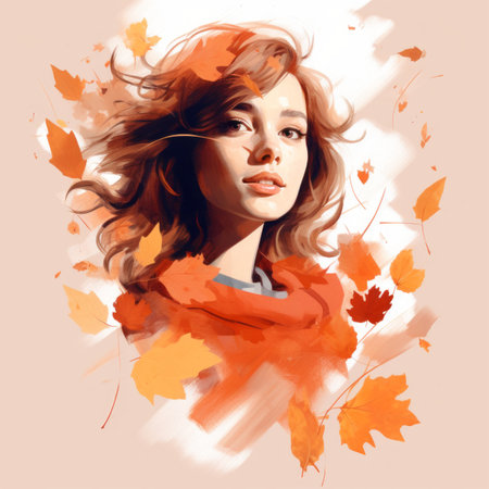 a painting of a woman with autumn leavesの素材