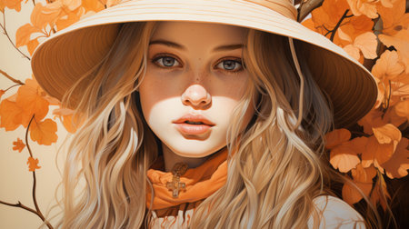 a painting of a woman wearing a hat and an orange scarfの素材