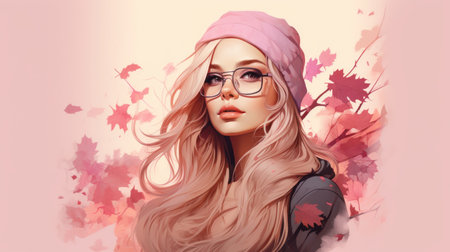 a painting of a woman with glasses and a pink beanieの素材