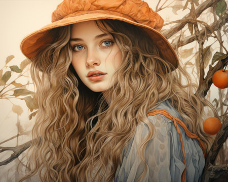 a painting of a woman with long hair and an orange hatの素材