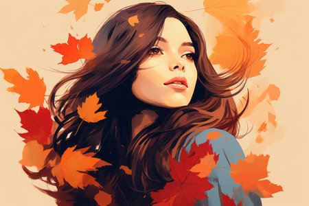a painting of a woman with long hair and autumn leavesの素材