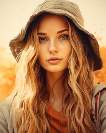 a painting of a woman with long hair and a hatの素材