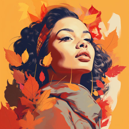 a painting of a woman with autumn leaves on her faceの素材