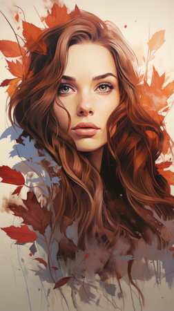 a painting of a woman with red hair and leavesの素材
