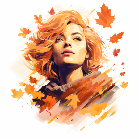a painting of a woman with orange hair and leavesの素材