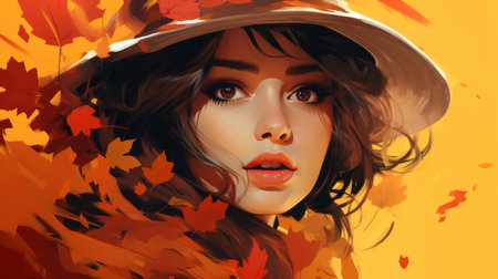 a woman in a hat is surrounded by autumn leavesの素材
