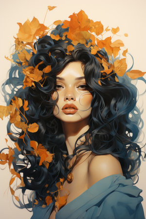 a woman with long black hair and orange leaves on her headの素材