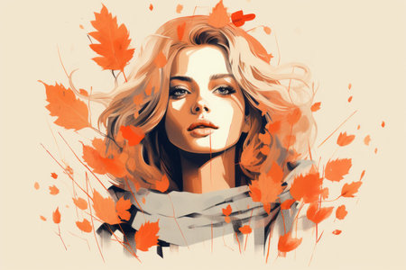a painting of a woman with orange leaves on her faceの素材
