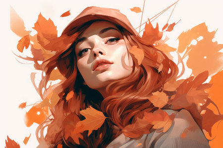 a painting of a woman with red hair and leaves on her faceの素材