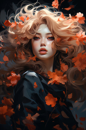 a woman with long hair and autumn leaves in her hairの素材
