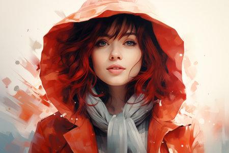 a painting of a woman with red hair in a red hoodieの素材