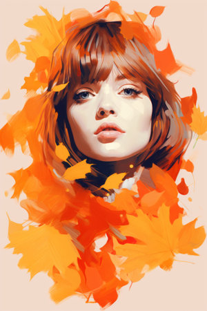a painting of a woman with red hair surrounded by autumn leavesの素材