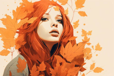 a painting of a woman with red hair and leavesの素材