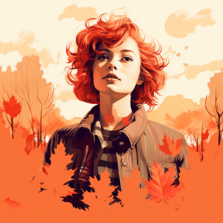 a painting of a woman with red hair and orange leavesの素材