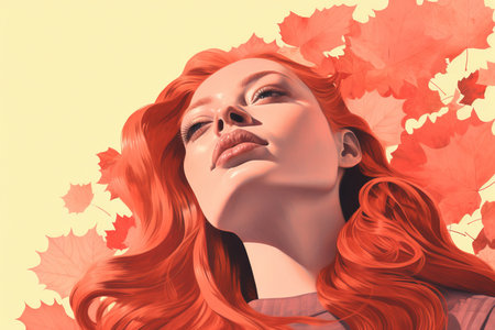 a painting of a woman with red hair and leavesの素材