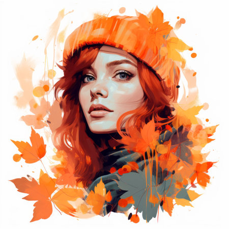 a painting of a woman with red hair and an orange hatの素材