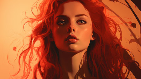 a woman with long red hair is looking into the distanceの素材