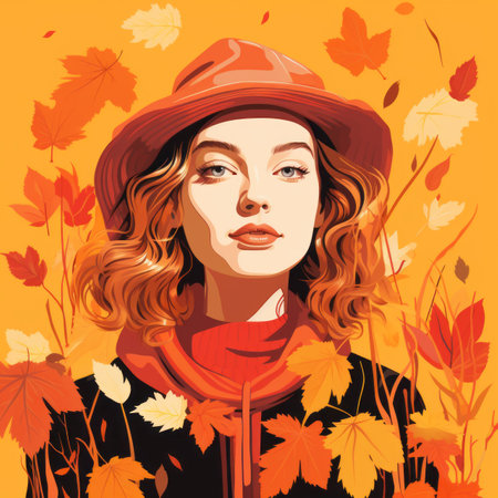 a woman in a hat and scarf is surrounded by autumn leavesの素材