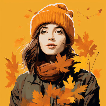 a woman in an orange hat and scarf is surrounded by autumn leavesの素材