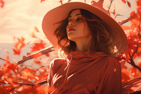 a woman in a red dress and hat stands in front of red leavesの素材