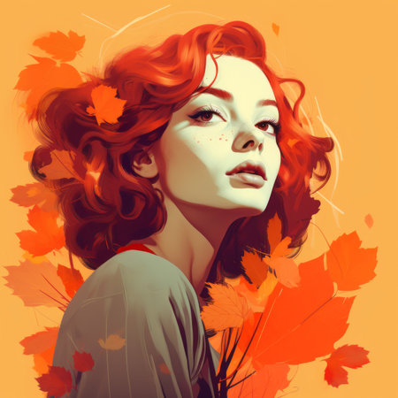 a painting of a woman with red hair and orange leavesの素材