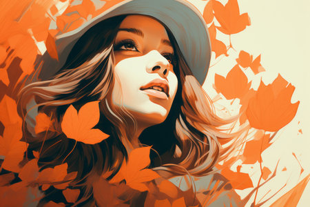 a woman with long hair and a hat is surrounded by autumn leavesの素材
