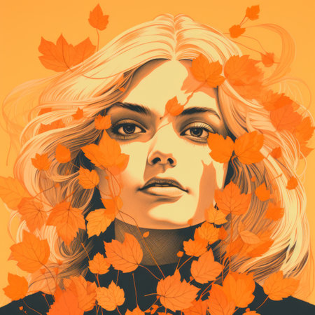 a woman with blonde hair and leaves on her faceの素材