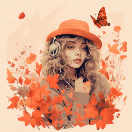 an illustration of a woman in an orange hat with butterfliesの素材
