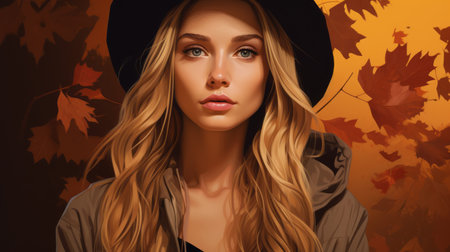 a woman with long hair and a hat in front of autumn leavesの素材