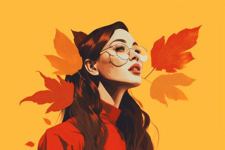 a woman with glasses and red shirt is surrounded by autumn leavesの素材